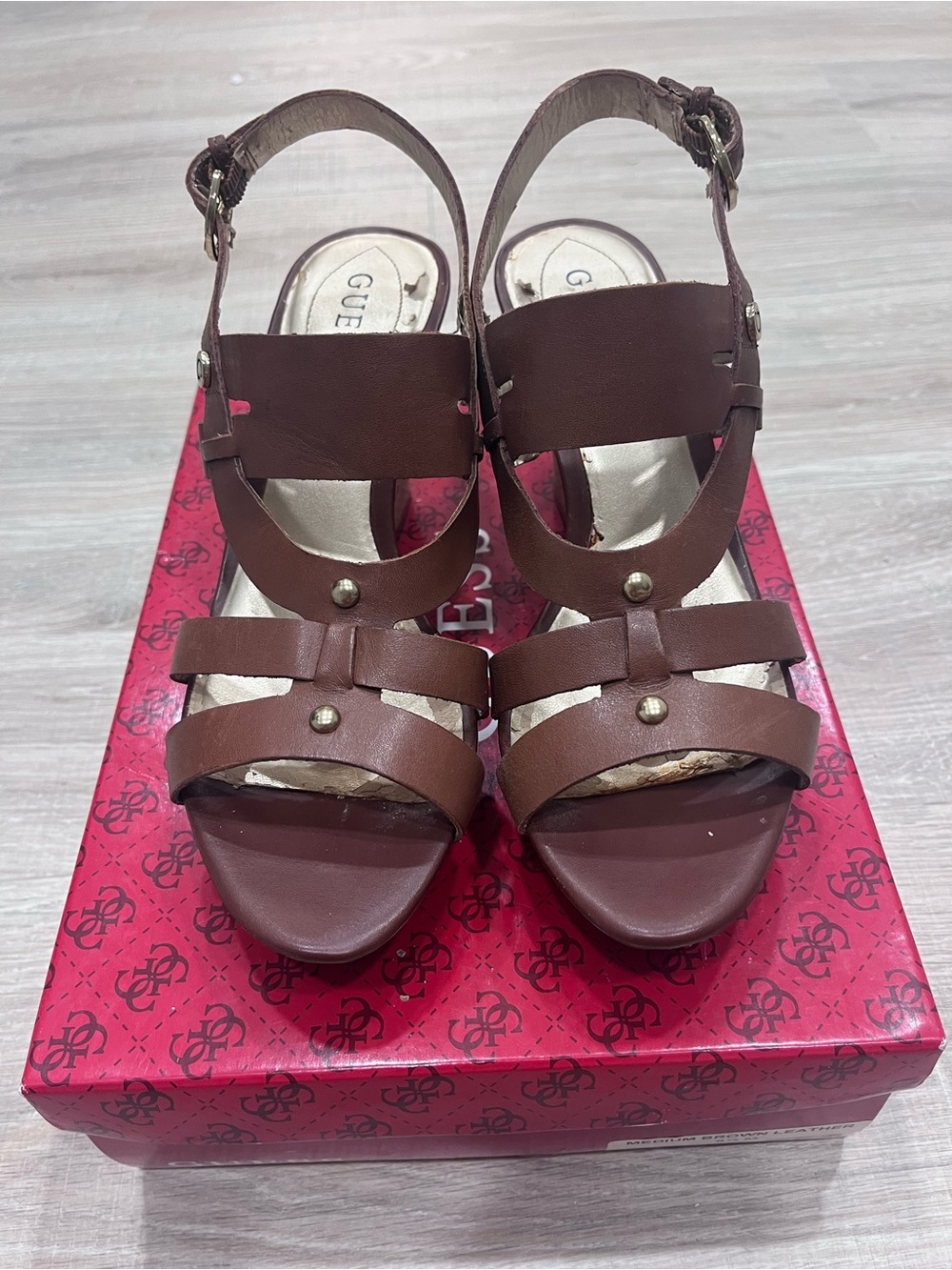 GUESS Brown Strappy Leather Wedge Sandals